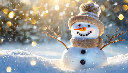 winter holiday christmas background banner closeup of cute funny laughing snowman with wool hat and scarf on snowy snow snowscape with bokeh lights illuminated by the sun generative aiの素材