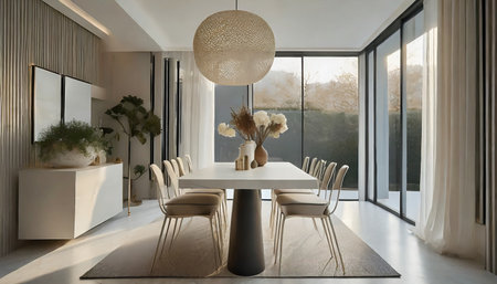 contemporary house design creative decor dining area in natural minimal natural material colour scheme warm and cosy feeling clean and clear space organize house beautiful background ai generateの素材