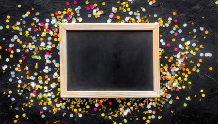 slate board and confetti on black background top view space for textの素材