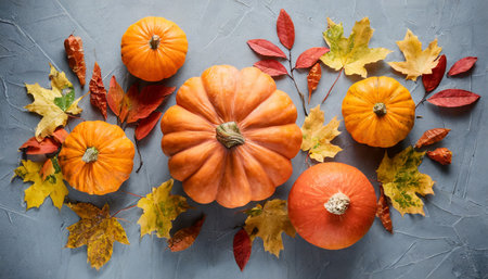 top view of orange pumpkins and autumn leaves on gray backgroundの素材