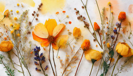 spring and summer dried wild flowers composition herbarium on white watercolor background yellow orange blossomsの素材