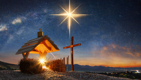the star shines over the manger of christmas of jesus christ concept generative aiの素材