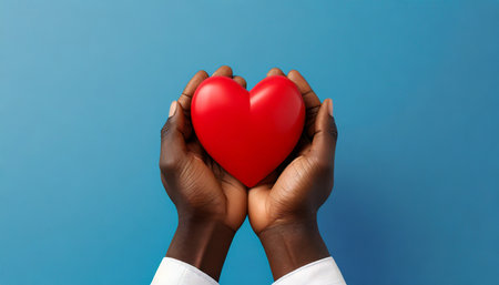 hands hold a red heart on a blue background ai generativeの素材
