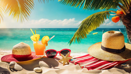 tropical beach with sunbathing accessories summer holiday backgroundの素材