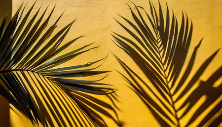two palm fronds casting shadows on a yellow wallの素材