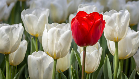 one red tulip on a background of white tulipsの素材