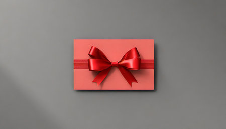 blank red gift card or gift voucher with red ribbon bow on gray background with shadow minimal conceptual 3d renderingの素材
