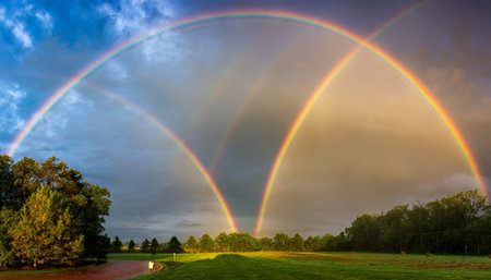 double rainbow in early morning cloudy sky symbolizing god s promiseの素材