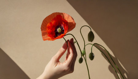 female hand holds delicate red poppy flower stem on neutral tan beige background with hard sunlight shadows aesthetic close up view floral compositionの素材