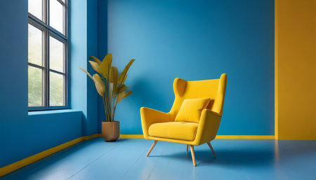 a bright yellow armchair is situated in a blue room that is unoccupied and has a blue floor the minimalist idea a mockup generative aiの素材
