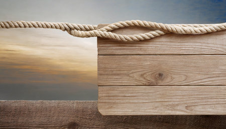 wooden sign with ropes on or white backgroundの素材