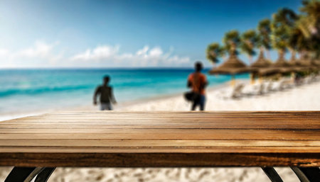 wood table top on blurred blue sea and white sand beach background with some peopleの素材