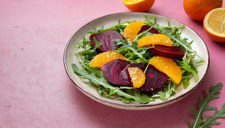 seasonal vitamin salad orange beetroot and arugula in plate on pink background diet healthy eating conceptの素材
