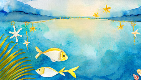 confirmation communion and baptism greeting card with religious fish symbols maritime summer background watercolor with fishesの素材