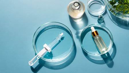 serum in petri dishes on light blue background cosmetic research conceptの素材