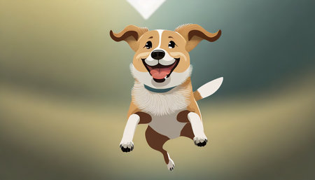 a happy and smiling jumping dog in the air on a backgroundの素材
