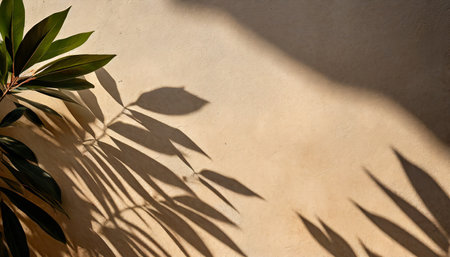 minimalist aesthetic sun light shadows of plant leaves elegant foliage silhouette on neutral beige concrete wall background copy spaceの素材