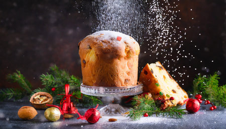 easter bread christmas panettone glass sugar falls dusted on the panettone on a dark backgroundの素材