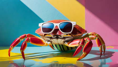 funny crab wearing sunglasses in studio with a colorful and bright background generative aiの素材