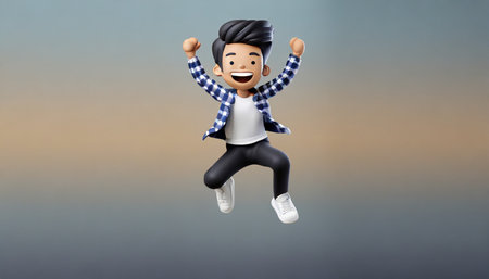 3d icon cute young smiling happy winning man people jumping character illustration cartoon boy minimal styleの素材