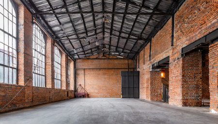 industrial loft style empty old warehouse interior brick wall concrete floor and black steel roof structureの素材