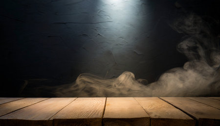 empty wooden table with smoke float up on dark backgroundの素材