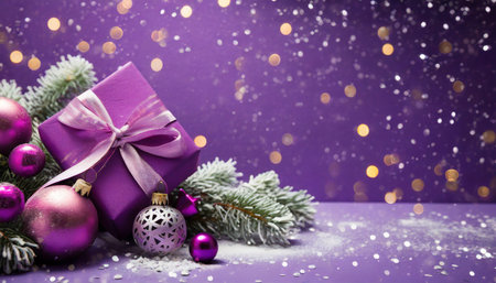 purple christmas background with a presentの素材