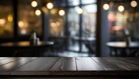 the dark wood table in the cafe with a blurred backgroundの素材