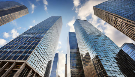 reflective skyscraper business office buildings bottom up view of big modern city urban landscape ai generativeの素材
