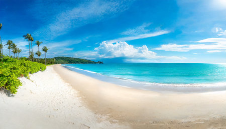 beautiful beach with white sand turquoise ocean and blue sky with clouds in sunny day panoramic view natural background for summer vacationの素材