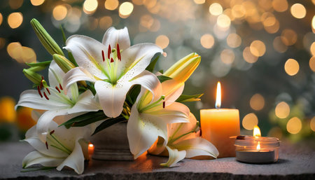 funeral beautiful lilies and burning candle on light blurred background bokeh effectの素材