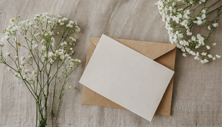 blank paper card and gypsophila flowers on neutral beige linen texture background aesthetic floral greeting card or wedding invitation template with copy spaceの素材
