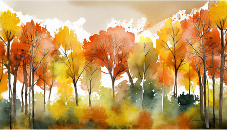 autumn trees watercolor horizontal banner on backgroundの素材