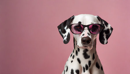 dalmatians dog with black glasses standing on a clean pink backgroundの素材
