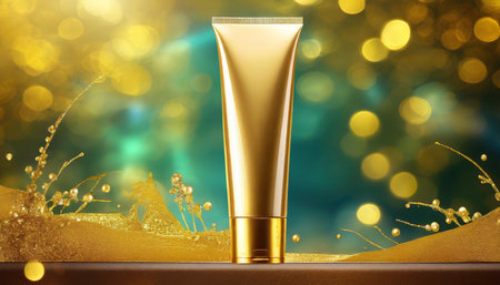 golden plastic cosmetic tube for cream or gel mockup backgroundの素材