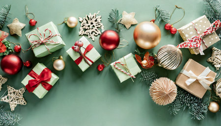 stylish christmas ornaments and gift boxes frame top border xmas decorations on pastel green background top view flat layの素材