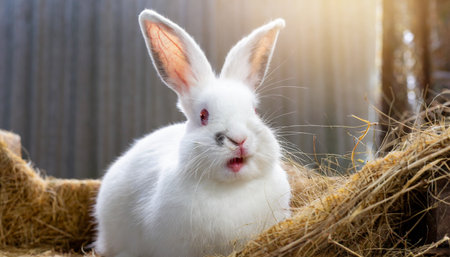 cute animal pet rabbit or bunny white color smiling and laughing with copy space for easter background rabbit animal pet cute fur ear mammal backgroundの素材