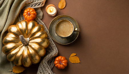 set the autumn mood with this top view photo of a gilded cup of coffee patchy scarf with pumpkin candles on brown backdrop make it a perfect composition for text or advert placementの素材