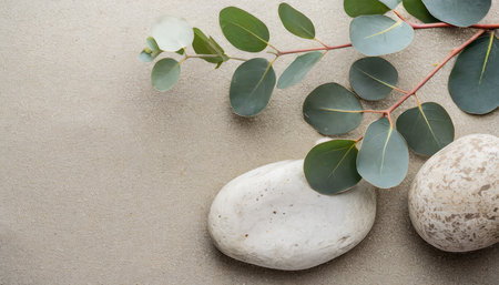 serenity eucalyptus branch and a pebble rock on sand for background template with empty space for copy or productの素材