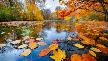 colorful fall leaves in pond lake water floating autumn leaf fall season leaves in rain puddle sunny autumn day foliage october weather november nature background digital aiの素材