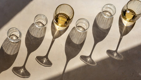 glasses for wine champagne a long shadow from the sun on a light beige background wine tasting or summer vacation conceptの素材