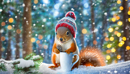 a cheerful cute squirrel in a knitted hat drinks cocoa from a cup against the background of a winter forest with fir trees snow and colorful lights postcard for the new year holidays generative aiの素材