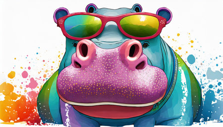 cartoon colorful hippopotamus with sunglasses on white background created with generative aiの素材