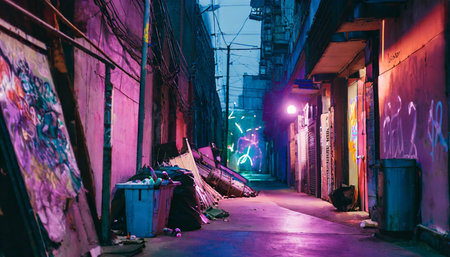 street in cyberpunk city alley with neon light garbage and graffitiの素材