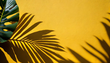 creative tropical leaf shadow on yellow wall backgroundの素材