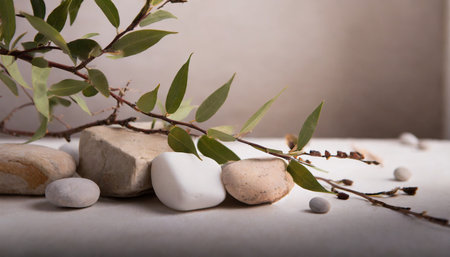 neutral background with stones branch and natural colors ideal for beauty product branding and packaging front perspective copy space mockup imageの素材