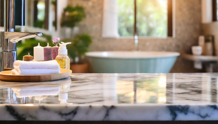 marble counter table top in bath room backgroundの素材