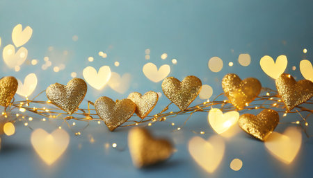 blurred view of beautiful gold heart shaped lights on light blue backgroundの素材