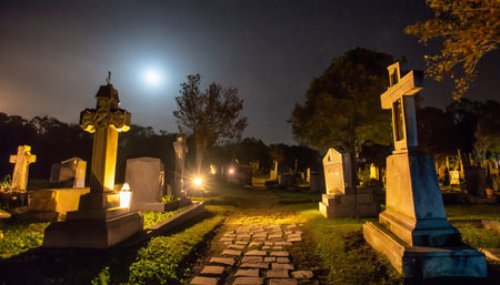 night scene in a cemetery with gravestonesの素材