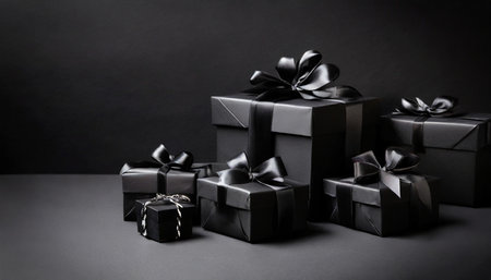 black gift boxes on a black backgroundの素材
